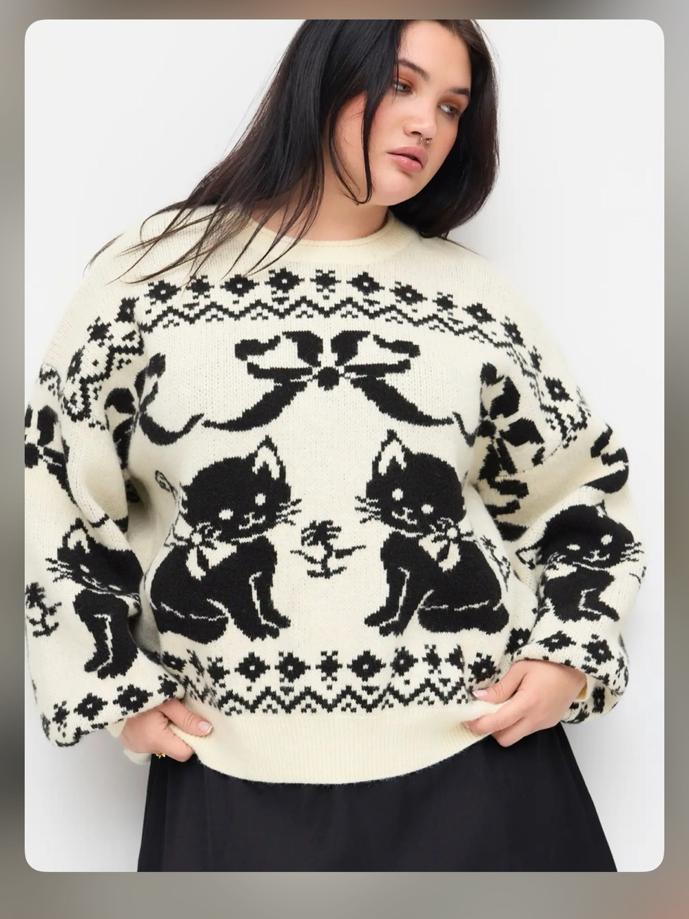 Cider KNIT CAT & BOWKNOT GRAPHIC FAIR ISLE OVERSIZED SWEATER CURVE & PLUS 2XL